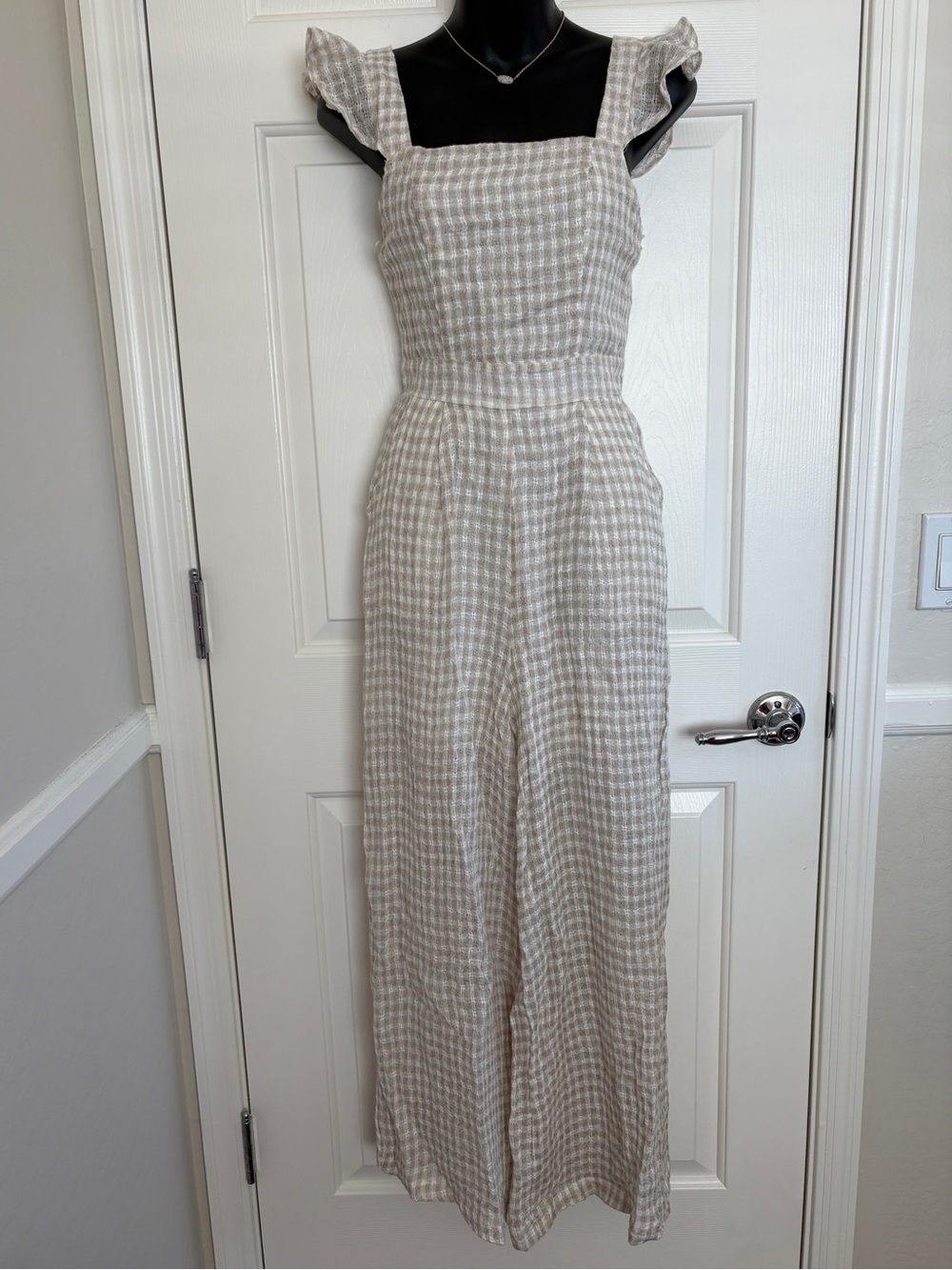 Blue B Collection Tan & White Gingham Linen Tie Back Jumpsuit NWT